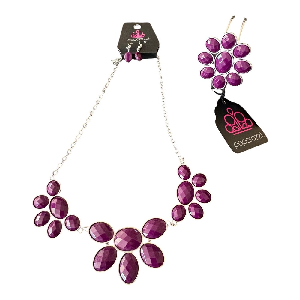 Paparazzi Purple Stone Statement Necklace Earrings and Cuff Bracelet Jewelry Set